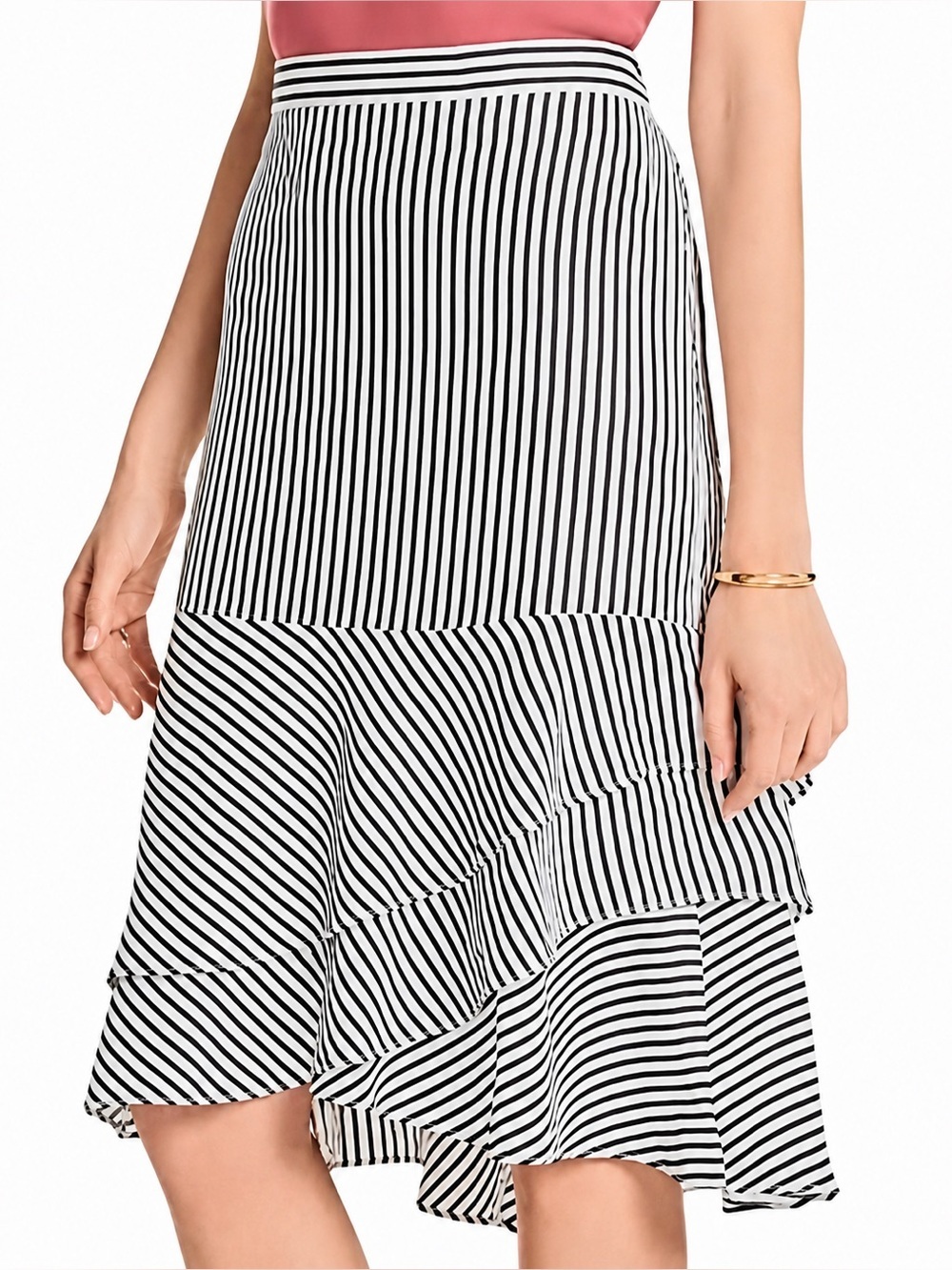 Ann Taylor Black White Striped Ruffle High-Low Midi Skirt Flounce Layered 6P